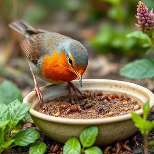 Robin eating mealworms from garden dish