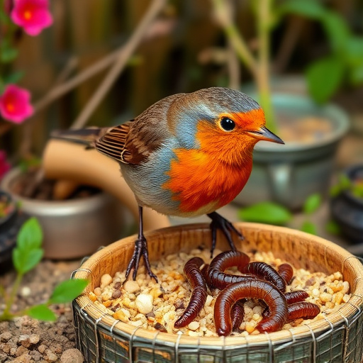 Robin eating mealworms from garden dish