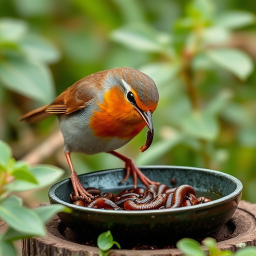 Robin eating mealworms from garden dish