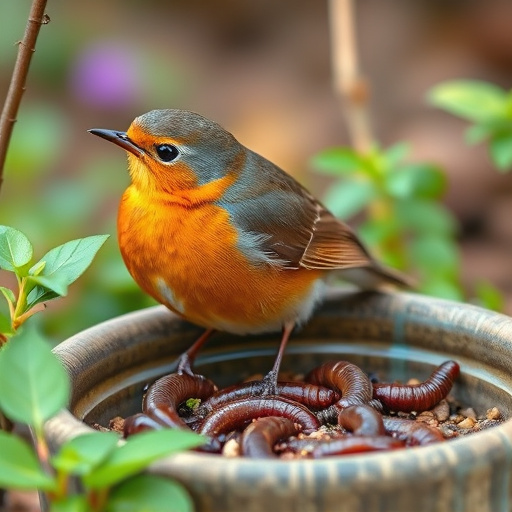 Robin eating mealworms from garden dish