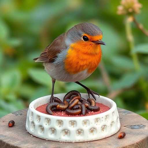 Robin eating mealworms from garden dish