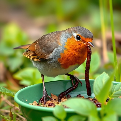 Robin eating mealworms from garden dish