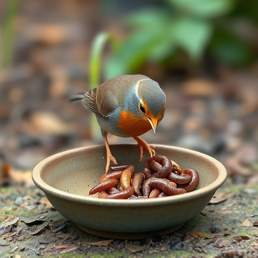 Robin eating mealworms from garden dish