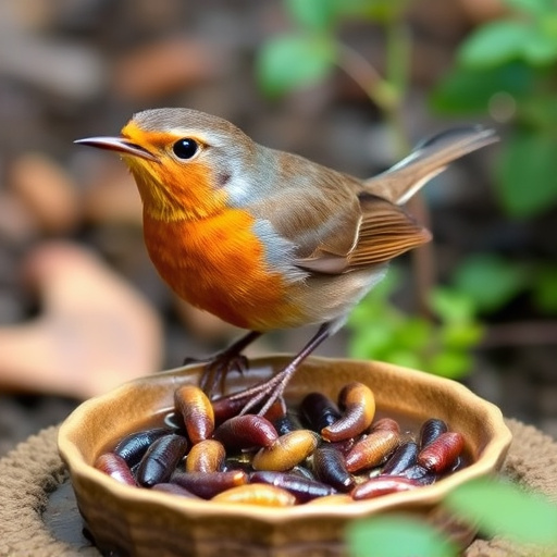 Robin eating mealworms from garden dish