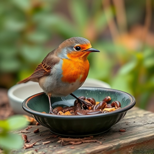 Robin eating mealworms from garden dish