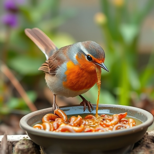 Robin eating mealworms from garden dish