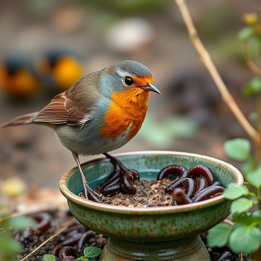 Robin eating mealworms from garden dish