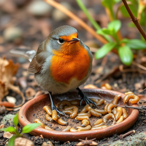 Robin eating mealworms from garden dish