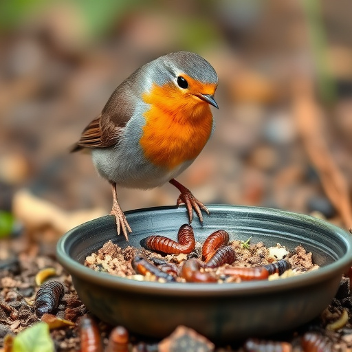 Robin eating mealworms from garden dish