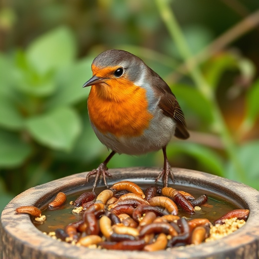 Robin eating mealworms from garden dish