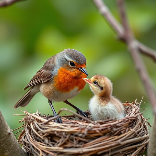 Robin feeding chick in spring nest