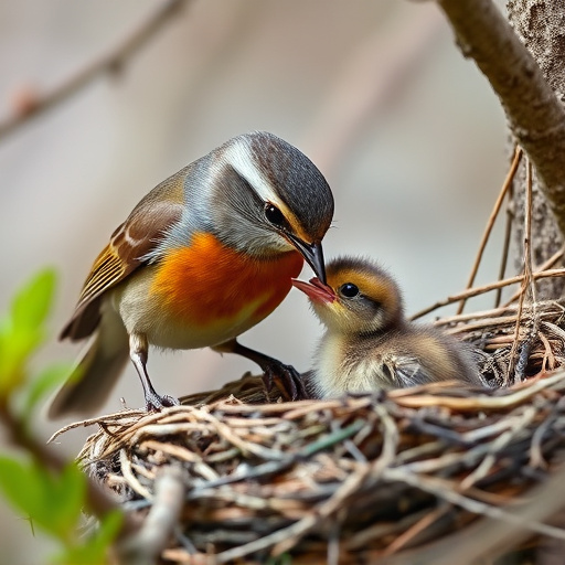 Robin feeding chick in spring nest