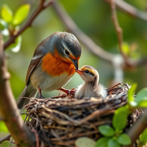 Robin feeding chick in spring nest