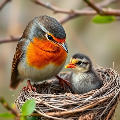 Robin feeding chick in spring nest
