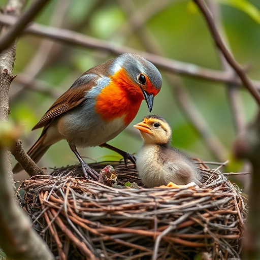 Robin feeding chick in spring nest