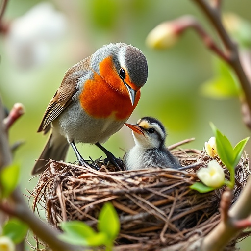 Robin feeding chick in spring nest