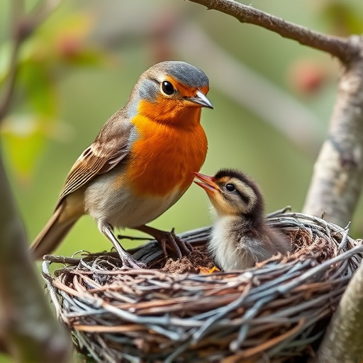 Robin feeding chick in spring nest