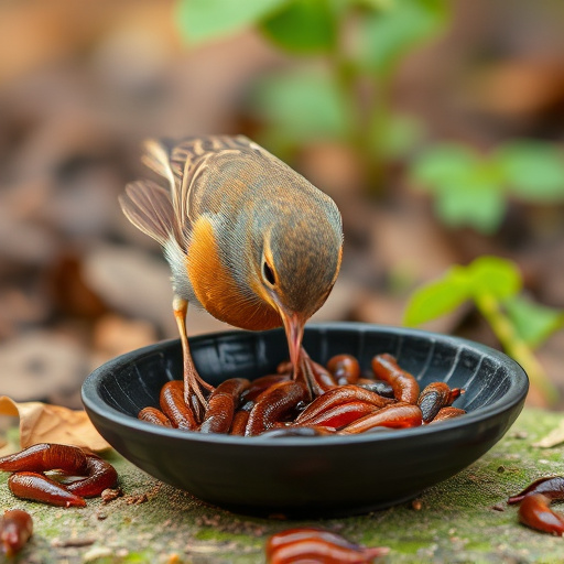 Robin feeding on mealworms in dish