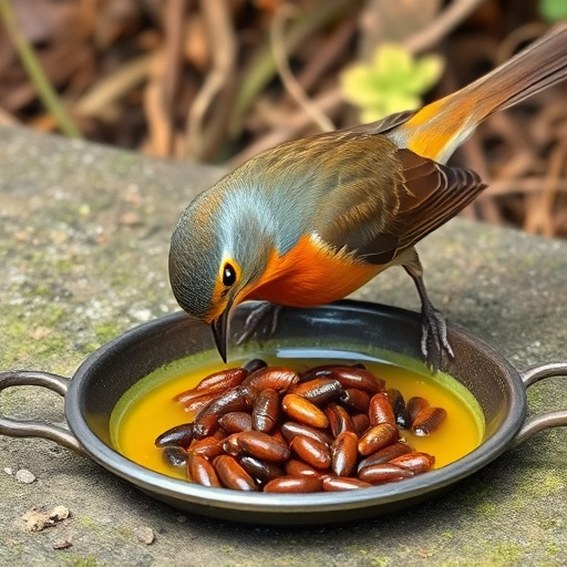 Robin feeding on mealworms in dish