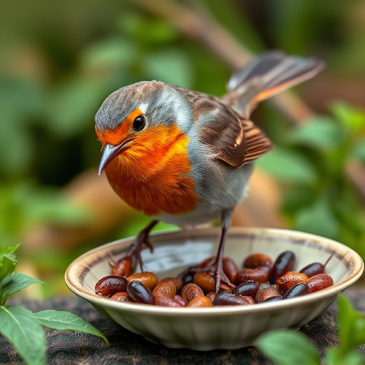 Robin feeding on mealworms in dish