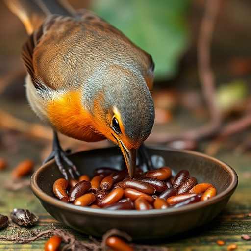 Robin feeding on mealworms in dish