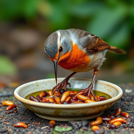 Robin feeding on mealworms in dish