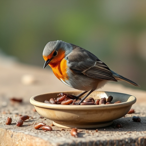 Robin feeding on mealworms in dish