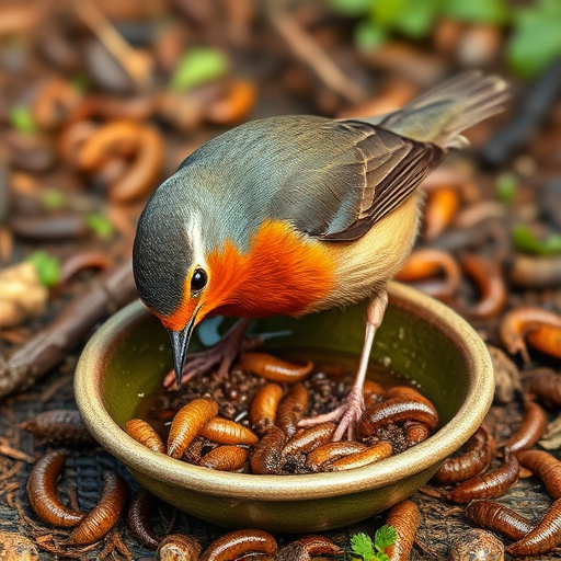 Robin feeding on mealworms in dish