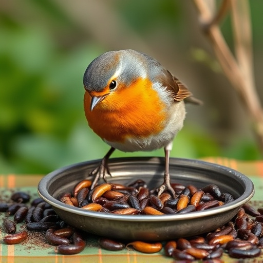Robin feeding on mealworms in dish