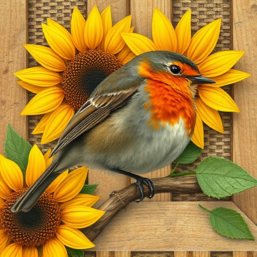 Robin feeding on sunflower heart pieces