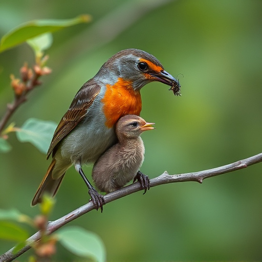 Robin feeding young with insects