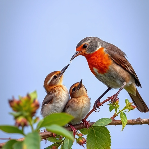Robin feeding young with insects