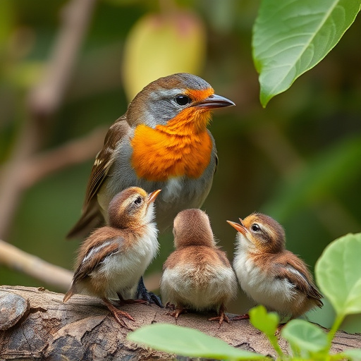 Robin feeding young with insects