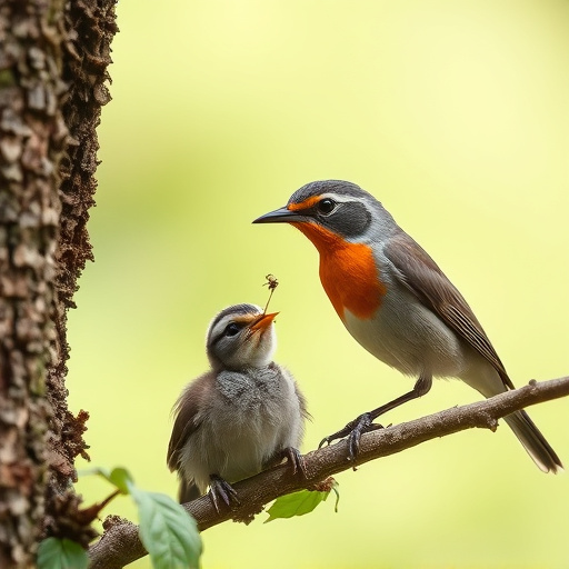 Robin feeding young with insects