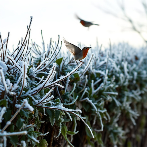 Robin flying across frosty winter hedge
