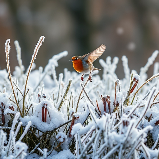 Robin flying across frosty winter hedge