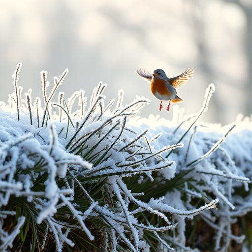Robin flying across frosty winter hedge