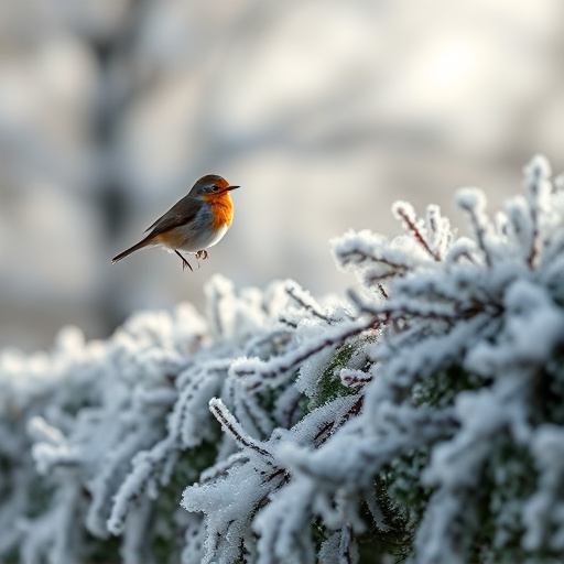 Robin flying across frosty winter hedge