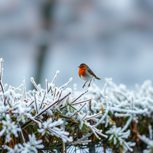 Robin flying across frosty winter hedge