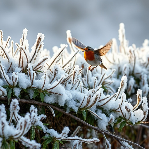 Robin flying across frosty winter hedge