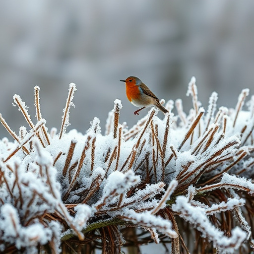 Robin flying across frosty winter hedge