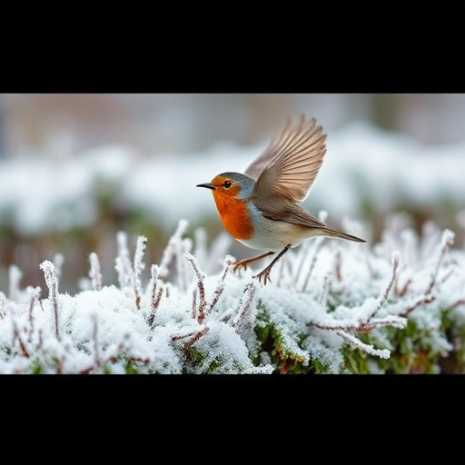 Robin flying across frosty winter hedge