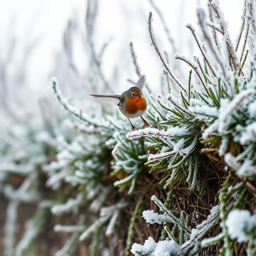 Robin flying across frosty winter hedge