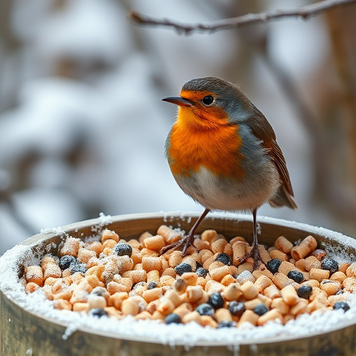 Robin near tray of suet pellets