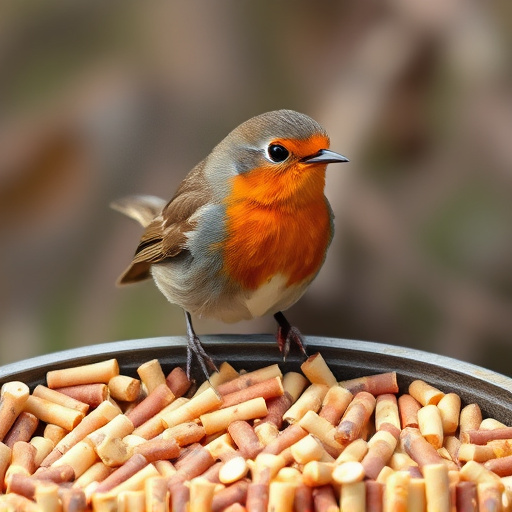 Robin near tray of suet pellets