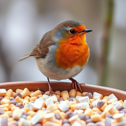 Robin near tray of suet pellets