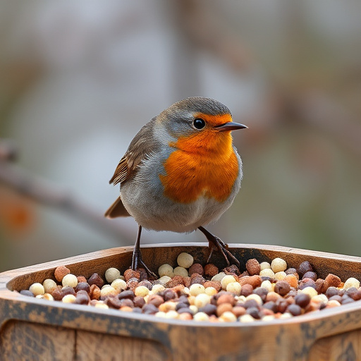Robin near tray of suet pellets