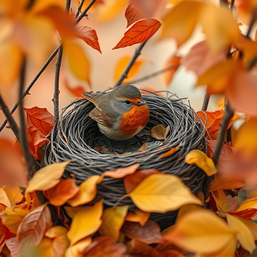 Robin nest hidden in autumn leaves