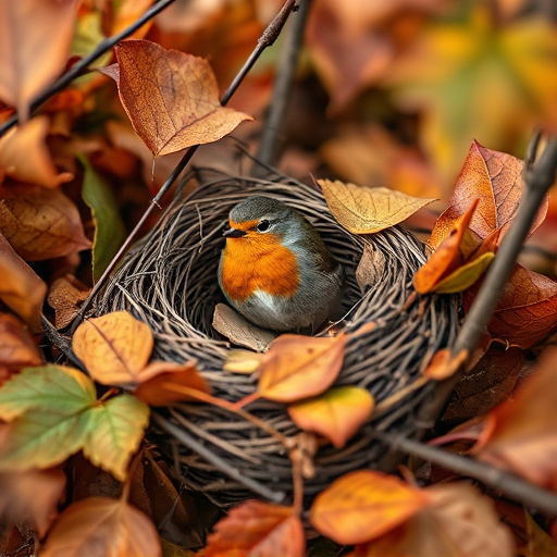 Robin nest hidden in autumn leaves