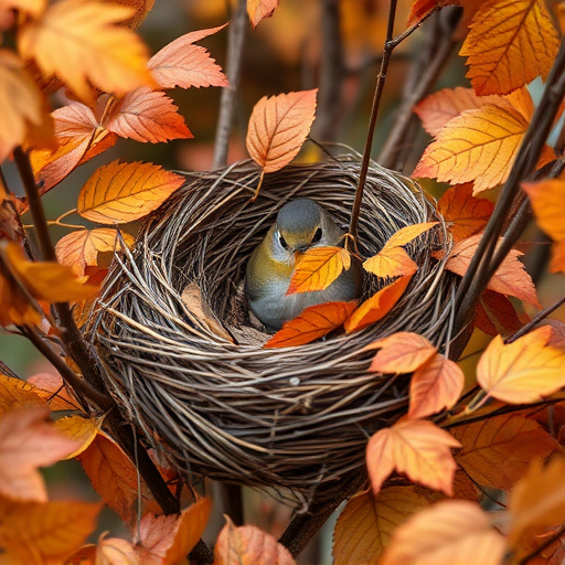 Robin nest hidden in autumn leaves